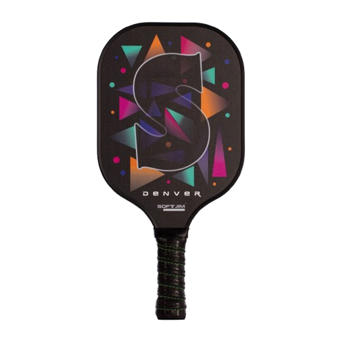 Pala de pickleball con diseño colorido y letras "S" en el centro.